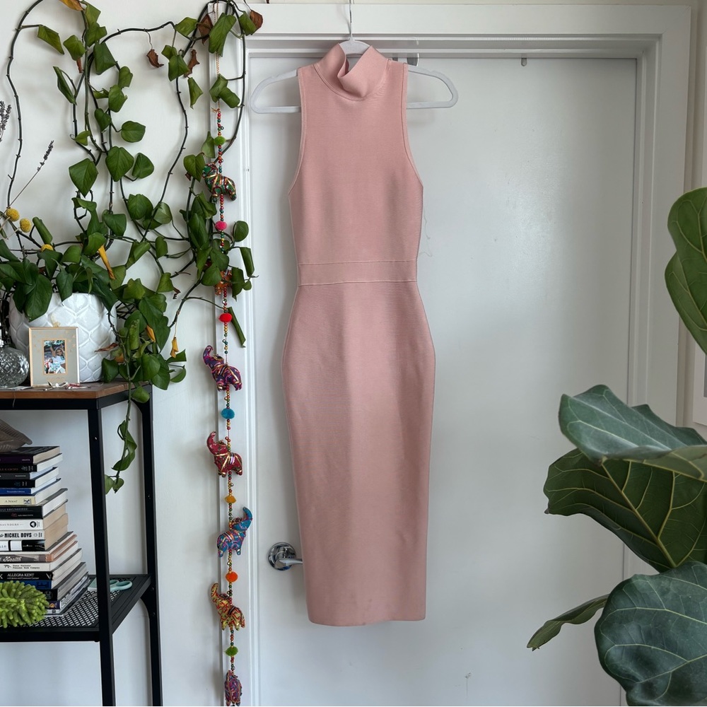 House of CB REI Mock Neck Bodycon Midi Maxi Bandage Dress in Blush, XS - Picture 2 of 6